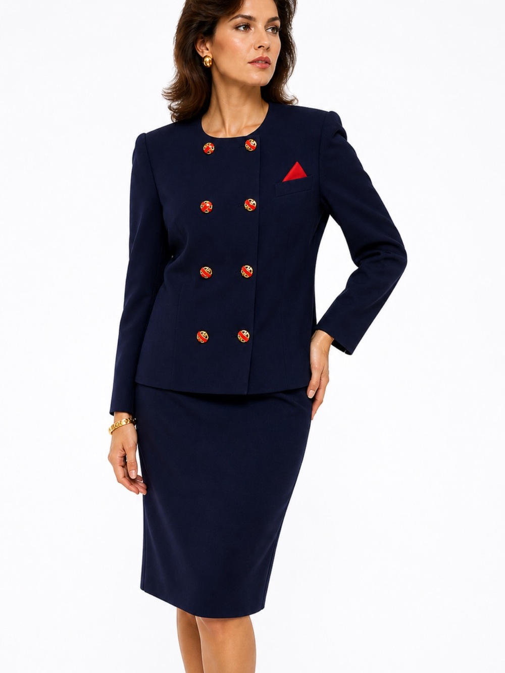 Vintage Good Times Navy Elastic Skirt Suit Set USA L/XL 12–14 Red Gold Button